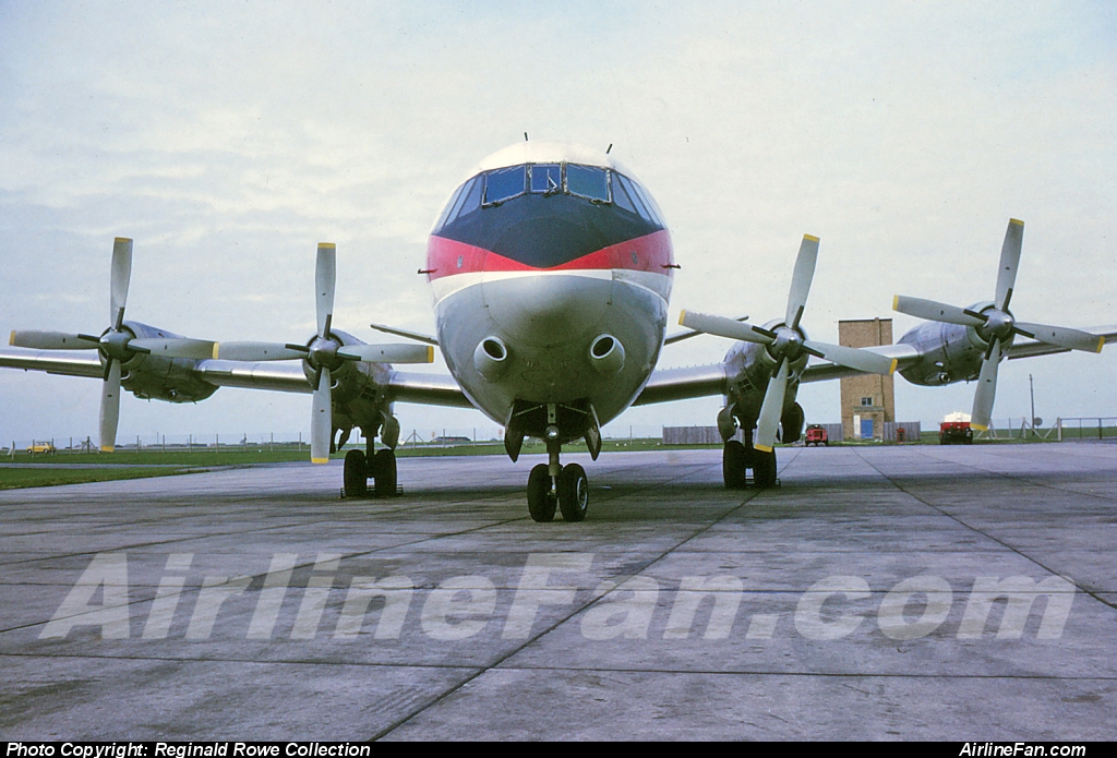 The signature front office nose on shot with the lovely view of the engines and beefy props and trademark black nose Air Canada Vickers Vanguard at Toronto Malton, October 1969. The font view of a Vanguard is pure magic.