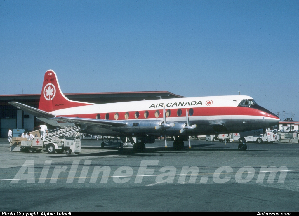 Air Canada Vickers Viscount CF-TGT is serviced between flights at Vancouver's old South Terminal Building in June of 1967. This particular Viscount was delivered to TCA on August 4, 1955, and was WFU in 1969. She was broken up at Winnipeg in 1970.